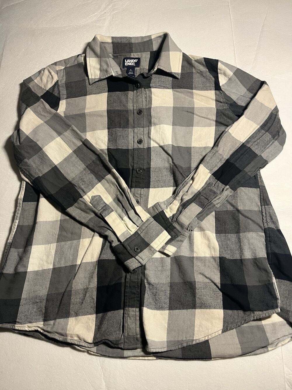 Lands’ End Women’s L 14-16 Buffalo Plaid Flannel Shirt Black White Button Up